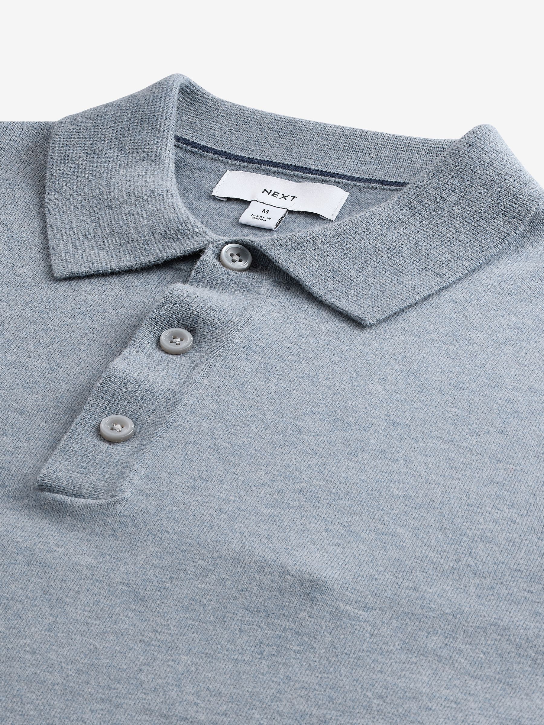 Buy Light Blue Marl Slim Fit Knitted Long Sleeve Polo Shirt