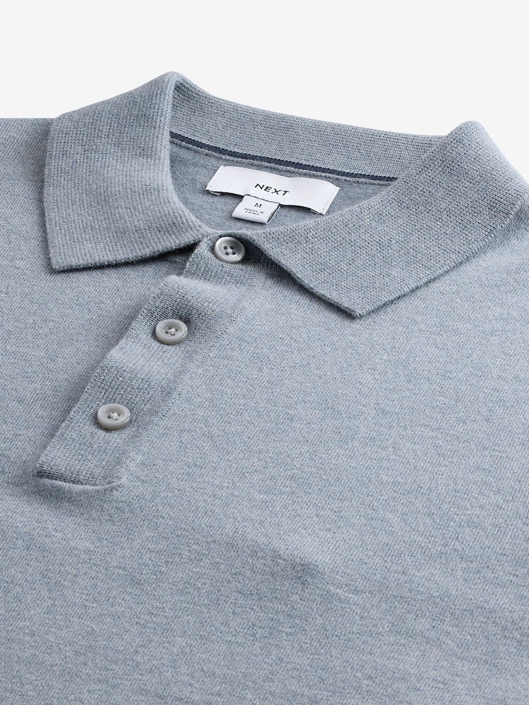Light Blue Marl Slim Fit Knitted Long Sleeve Polo Shirt - Image 6 of 7