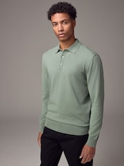 Light Green Slim Fit Knitted Long Sleeve Polo Shirt - Image 1 of 9
