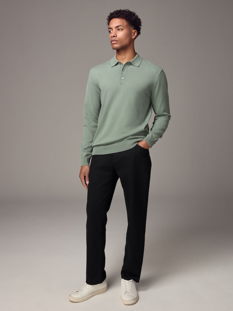 Light Green Slim Fit Knitted Long Sleeve Polo Shirt - Image 2 of 9
