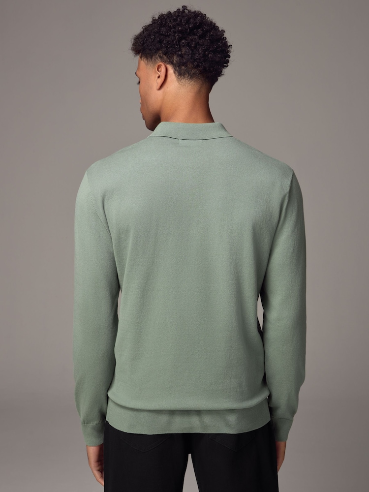 Light Green Slim Fit Knitted Long Sleeve Polo Shirt - Image 3 of 9