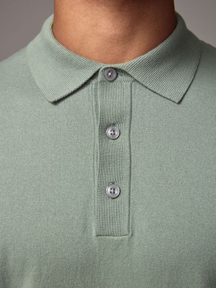 Light Green Slim Fit Knitted Long Sleeve Polo Shirt - Image 5 of 9