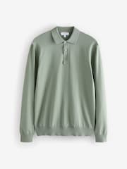 Light Green Slim Fit Knitted Long Sleeve Polo Shirt - Image 7 of 9