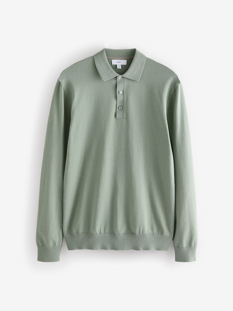 Light Green Slim Fit Knitted Long Sleeve Polo Shirt - Image 7 of 9
