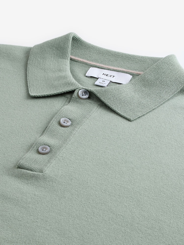 Light Green Slim Fit Knitted Long Sleeve Polo Shirt - Image 8 of 9