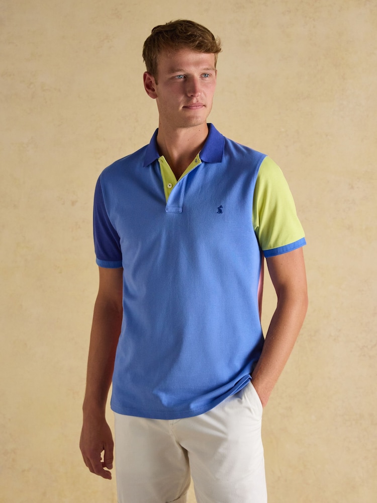 Joules Woody Blue Colourblock Cotton Pique Polo Shirt - Image 1 of 8
