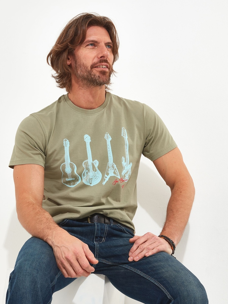 Joe Browns Green 100% Cotton Tonal Guitar Graphic Short Sleeve Crew Neck T-Shirt - Image 1 of 5 Joe Browns Green 100% Cotton Tonal Guitar Graphic Short Sleeve Crew Neck T-Shirt - Image 1 of 5