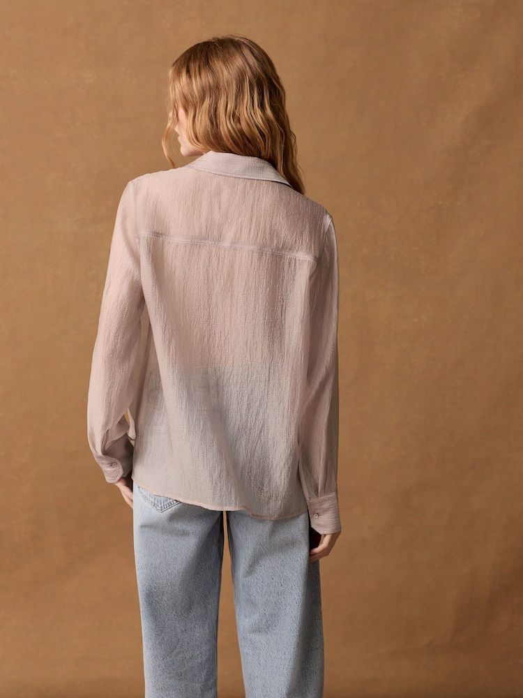 Blush Pink Sheer Textured Long Sleeve Shirt - Image 2 of 7