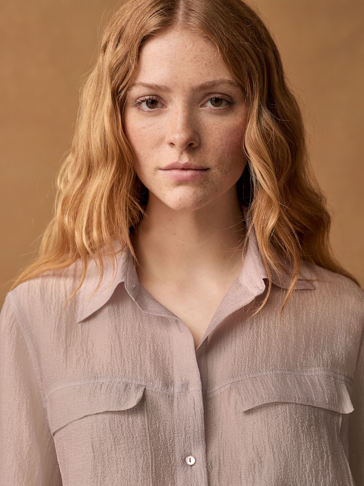 Blush Pink Sheer Textured Long Sleeve Shirt - Image 4 of 7