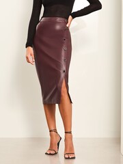 Lipsy Burgundy Petite Faux Leather Button Midi Pencil Skirt - Image 1 of 4