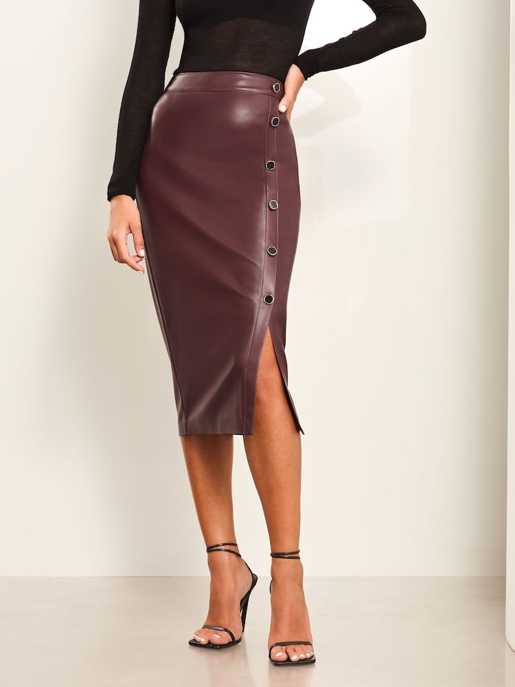 Lipsy Burgundy Petite Faux Leather Button Midi Pencil Skirt - Image 1 of 4