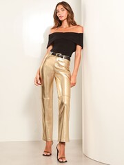Lipsy Gold Faux Leather Straight Trousers - Image 3 of 4