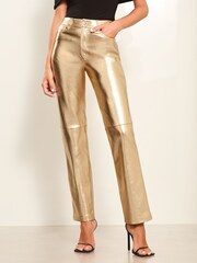 Lipsy Gold Faux Leather Straight Trousers - Image 4 of 4
