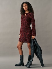 Red Animal Print Bow Neck Detail Long Sleeve Mini Dress - Image 2 of 7
