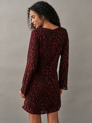 Red Animal Print Bow Neck Detail Long Sleeve Mini Dress - Image 3 of 7