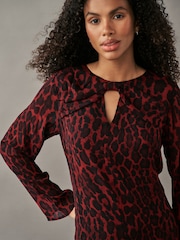 Red Animal Print Bow Neck Detail Long Sleeve Mini Dress - Image 4 of 7