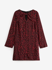 Red Animal Print Bow Neck Detail Long Sleeve Mini Dress - Image 5 of 7