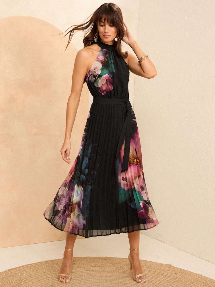 Love & Roses Black Floral Pleated Halterneck Maxi Dress - Image 1 of 4 Love & Roses Black Floral Pleated Halterneck Maxi Dress - Image 1 of 4