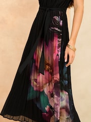 Love & Roses Black Floral Pleated Halterneck Maxi Dress - Image 3 of 4