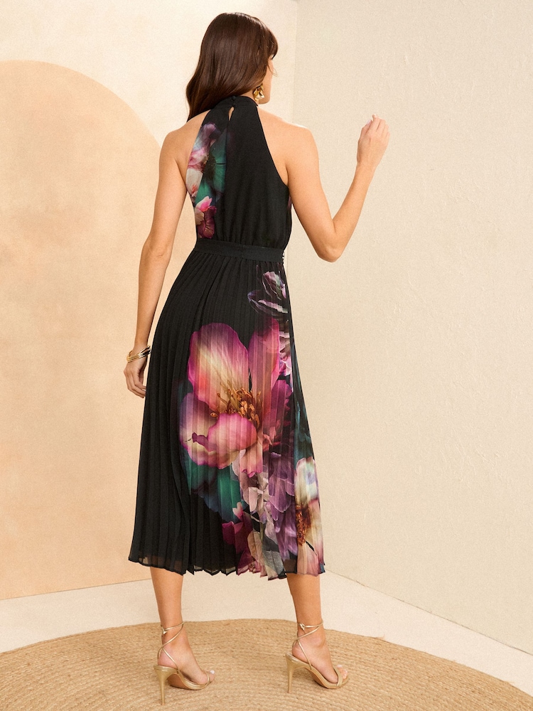 Love & Roses Black Floral Pleated Halterneck Maxi Dress - Image 4 of 4 Love & Roses Black Floral Pleated Halterneck Maxi Dress - Image 4 of 4