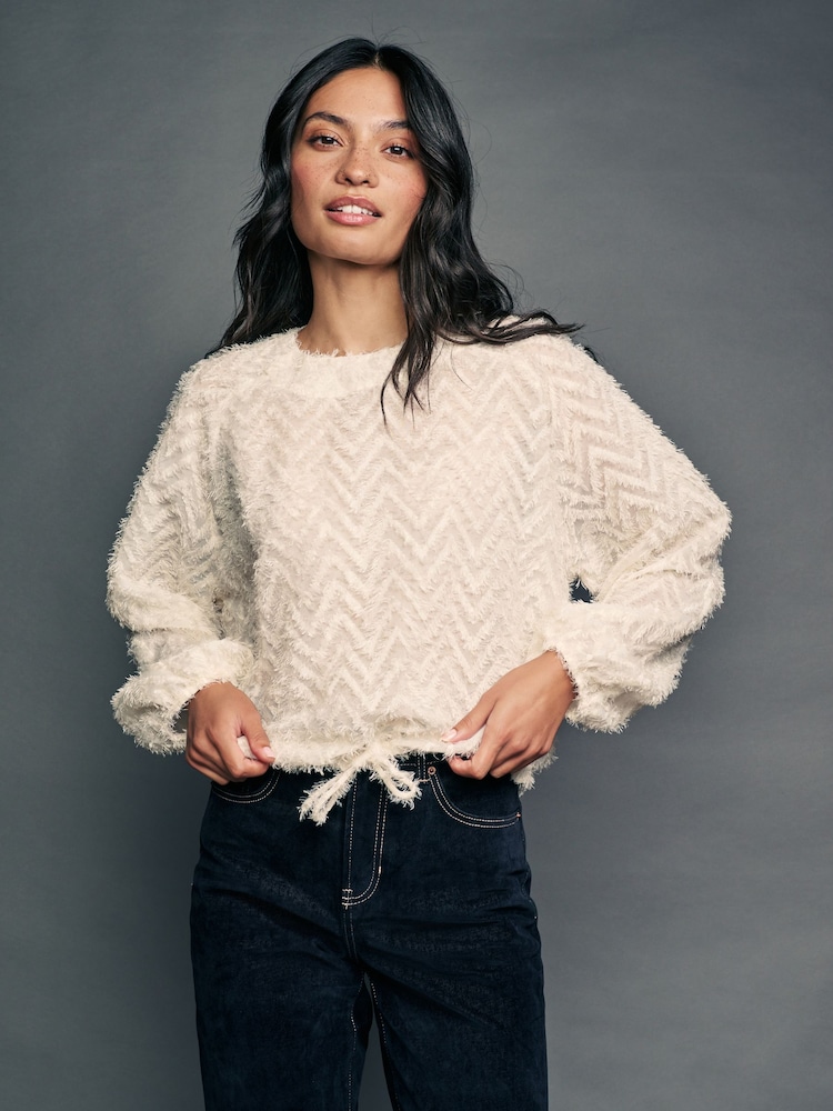 Ecru Cream Long Sleeve Textured Bubblehem Blouse - Image 1 of 7