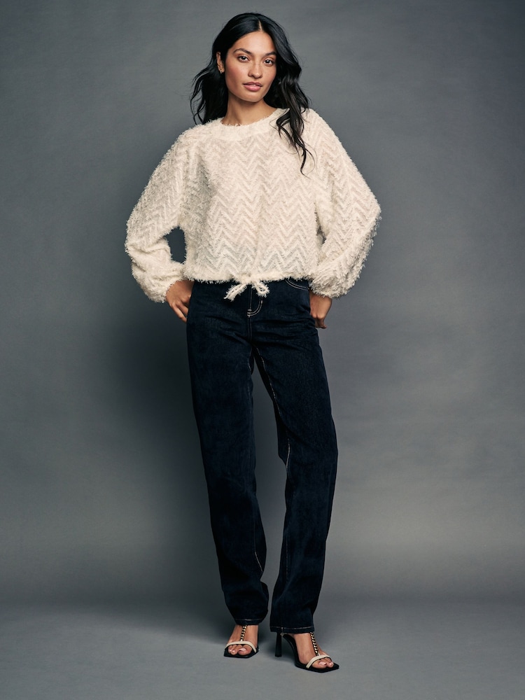 Ecru Cream Long Sleeve Textured Bubblehem Blouse - Image 2 of 7