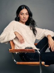 Ecru Cream Long Sleeve Textured Bubblehem Blouse - Image 3 of 7