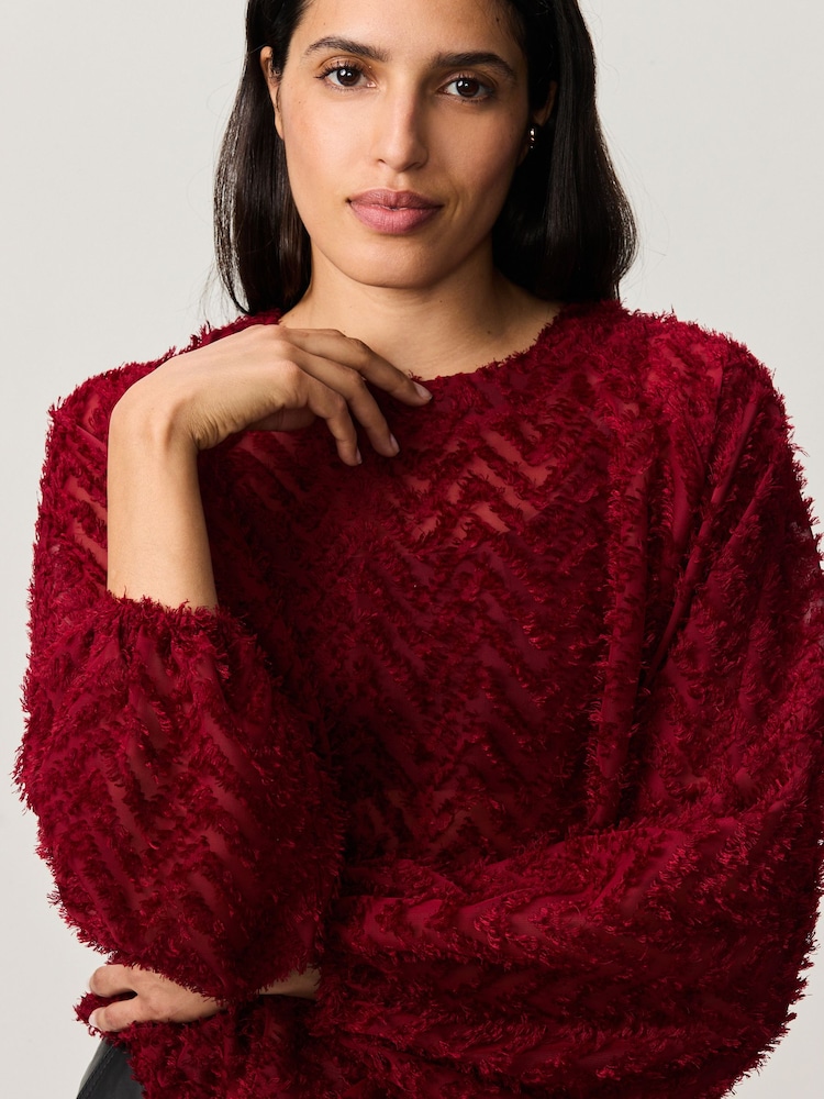 Burgundy Long Sleeve Textured Bubblehem Blouse - Image 1 of 9