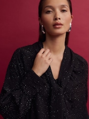 Black Textured Sparkle Long Sleeve Tie Neck Blouse - Image 1 of 8