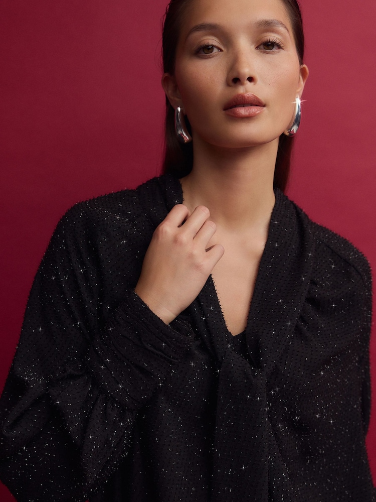Black Textured Sparkle Long Sleeve Tie Neck Blouse - Image 1 of 8