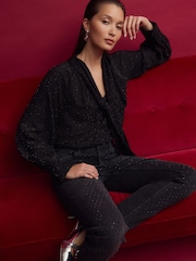 Black Textured Sparkle Long Sleeve Tie Neck Blouse - Image 2 of 8