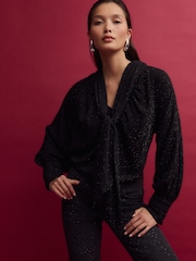 Black Textured Sparkle Long Sleeve Tie Neck Blouse - Image 3 of 8