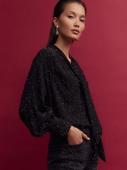 Black Textured Sparkle Long Sleeve Tie Neck Blouse - Image 4 of 8