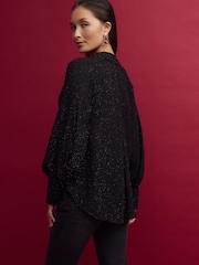 Black Textured Sparkle Long Sleeve Tie Neck Blouse - Image 5 of 8