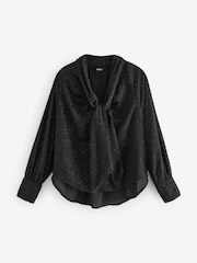 Black Textured Sparkle Long Sleeve Tie Neck Blouse - Image 6 of 8