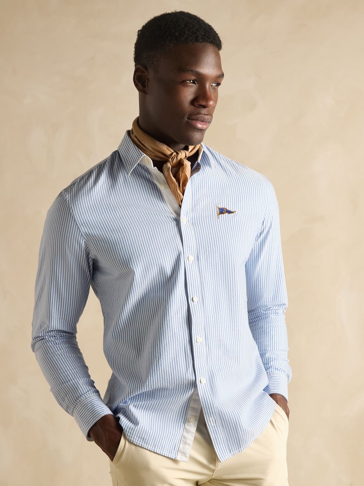 Joules Oxford Embellished Blue Stripe Long Sleeve Classic Fit Cotton Shirt - Image 2 of 8