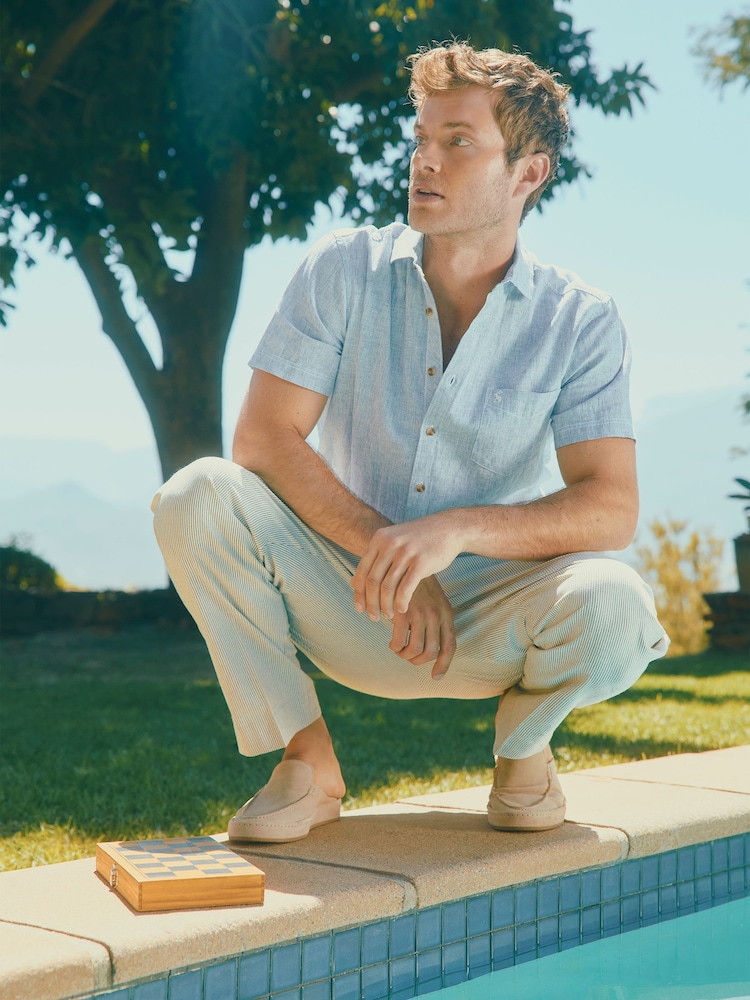 Joules Linen Blend Blue Stripe Short Sleeve Shirt - Image 3 of 9