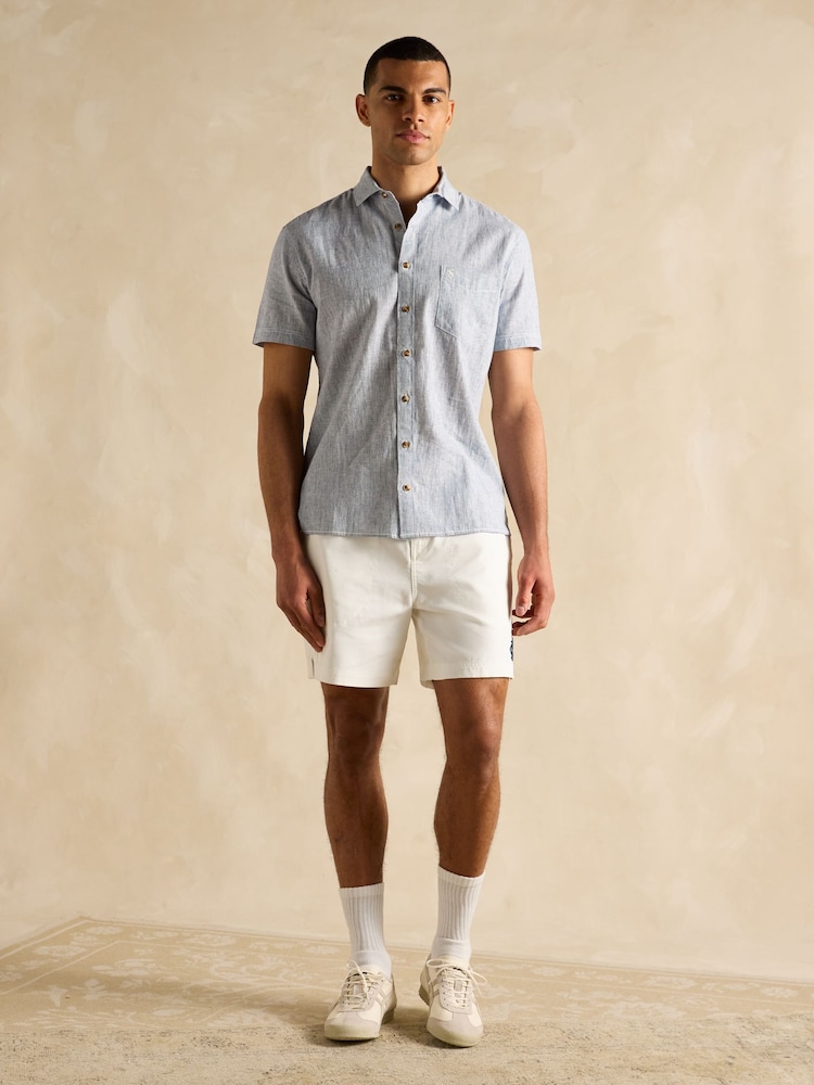Joules Linen Blend Blue Stripe Short Sleeve Shirt - Image 6 of 9