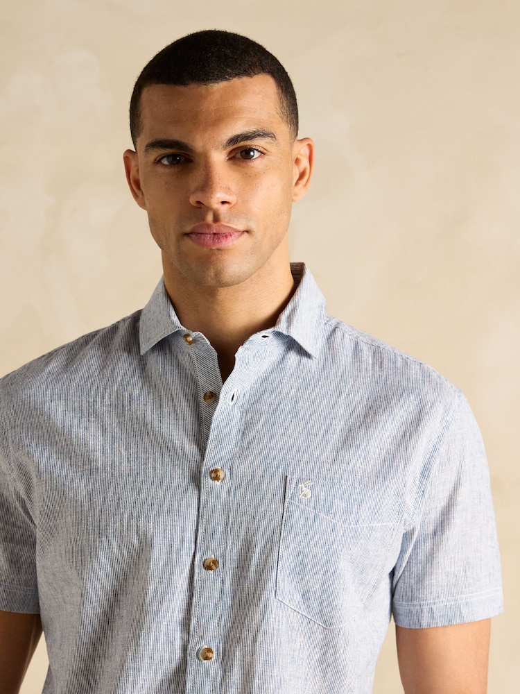 Joules Linen Blend Blue Stripe Short Sleeve Shirt - Image 7 of 9