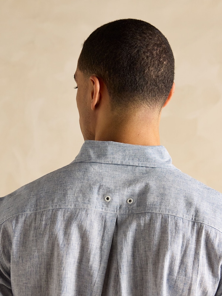 Joules Linen Blend Blue Stripe Short Sleeve Shirt - Image 8 of 9