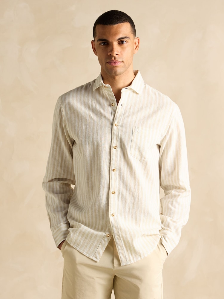 Joules Linen Blend Cream/White Stripe Long Sleeve Shirt - Image 4 of 9
