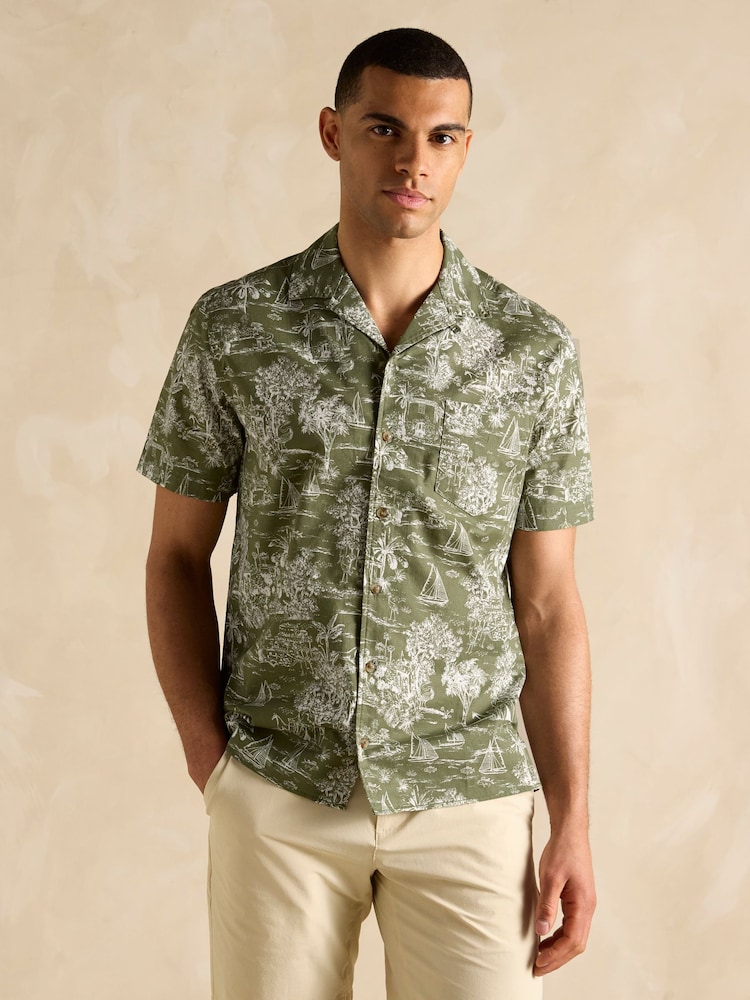 Joules Cotton Slub Khaki Green Toile de Jouy Short Sleeve Shirt - Image 2 of 10