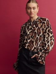 Brown Animal Print Volume Long Sleeve Blouse - Image 1 of 6