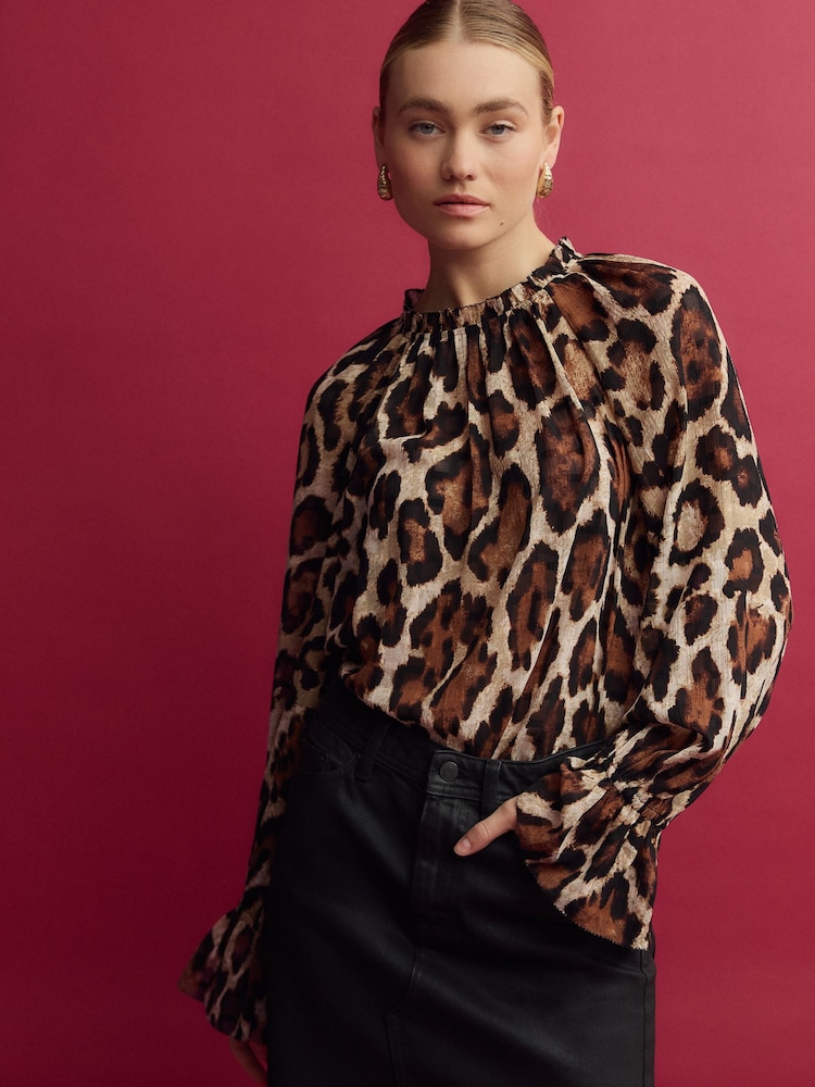 Brown Animal Print Volume Long Sleeve Blouse - Image 1 of 6