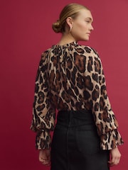 Brown Animal Print Volume Long Sleeve Blouse - Image 2 of 6