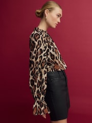 Brown Animal Print Volume Long Sleeve Blouse - Image 3 of 6