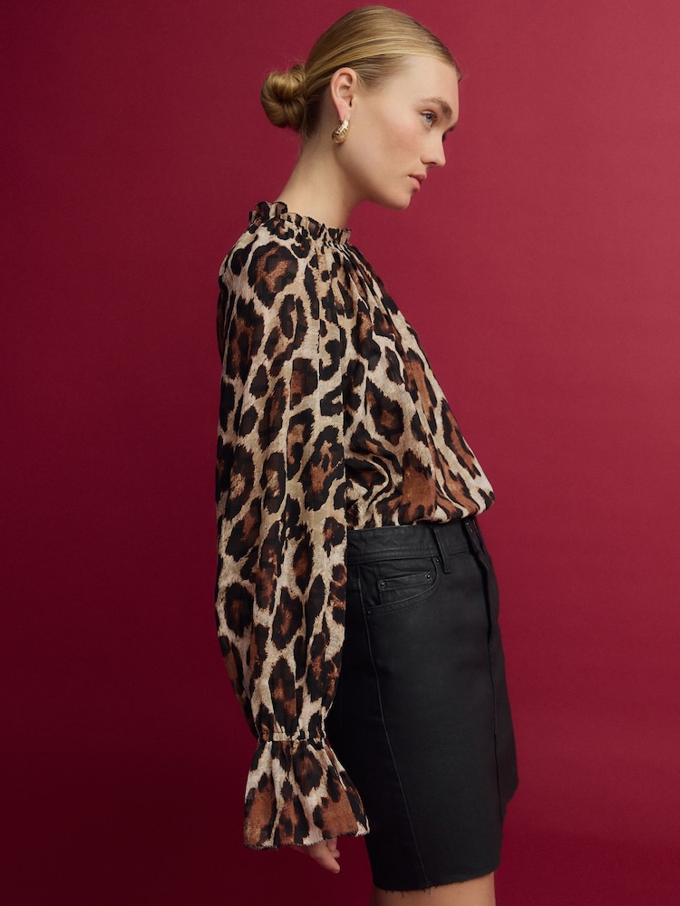 Brown Animal Print Volume Long Sleeve Blouse - Image 3 of 6