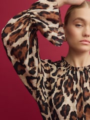 Brown Animal Print Volume Long Sleeve Blouse - Image 4 of 6