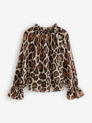Brown Animal Print Volume Long Sleeve Blouse - Image 5 of 6