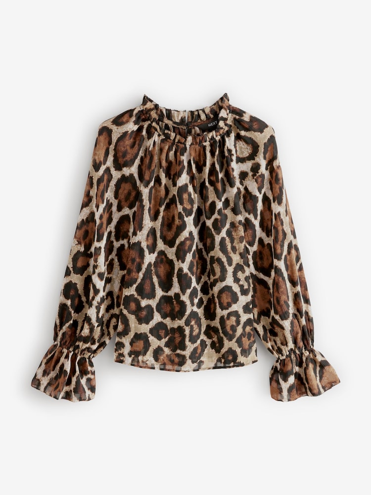 Brown Animal Print Volume Long Sleeve Blouse - Image 5 of 6
